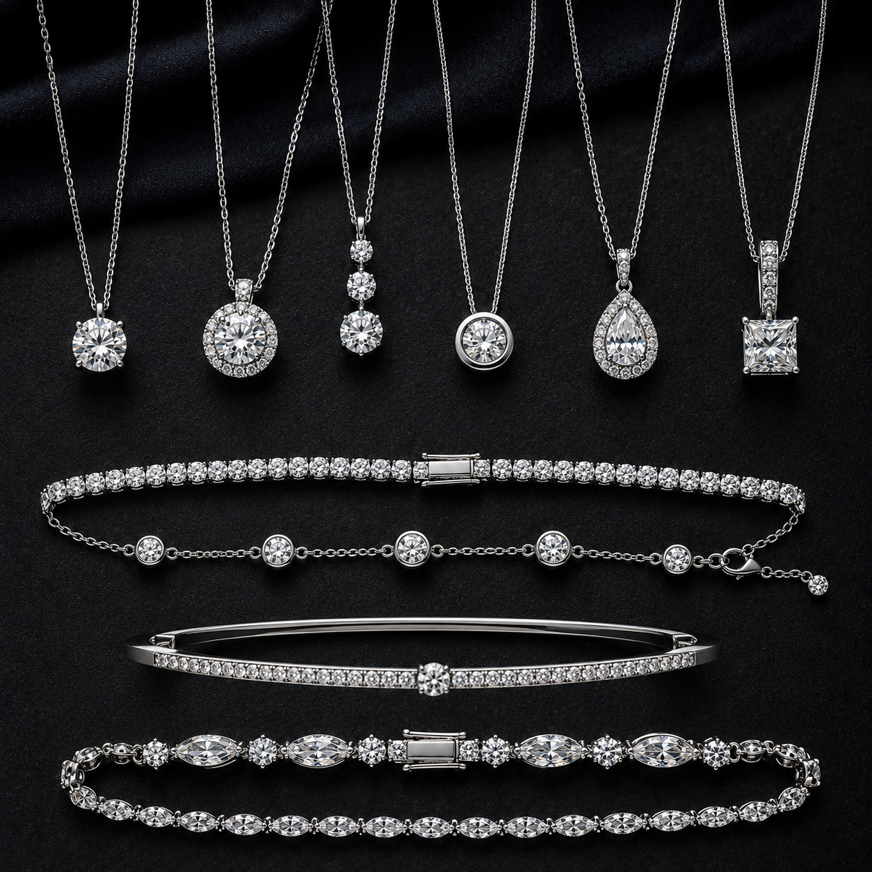 Elegant diamond jewelry on black backdrop