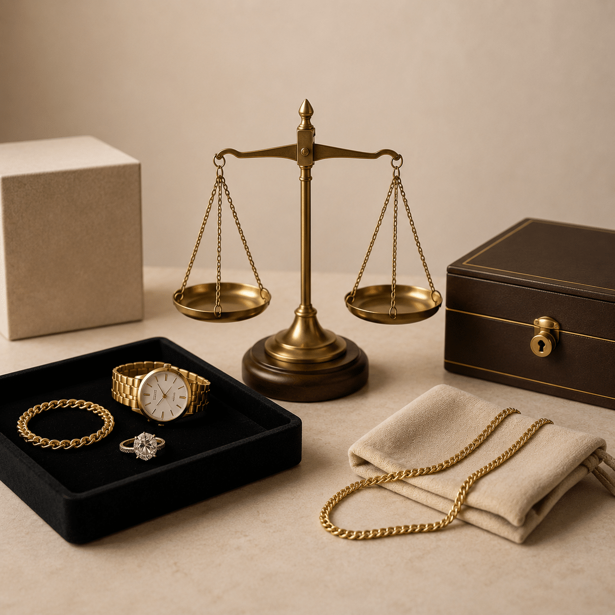 Elegant jewelry still life with balance scale