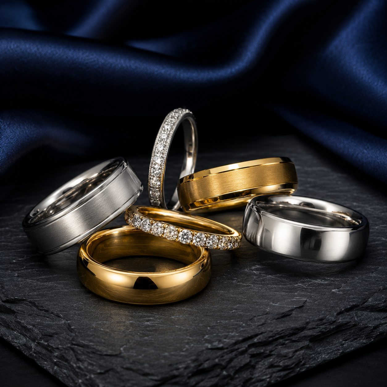 Elegant rings on slate and satin