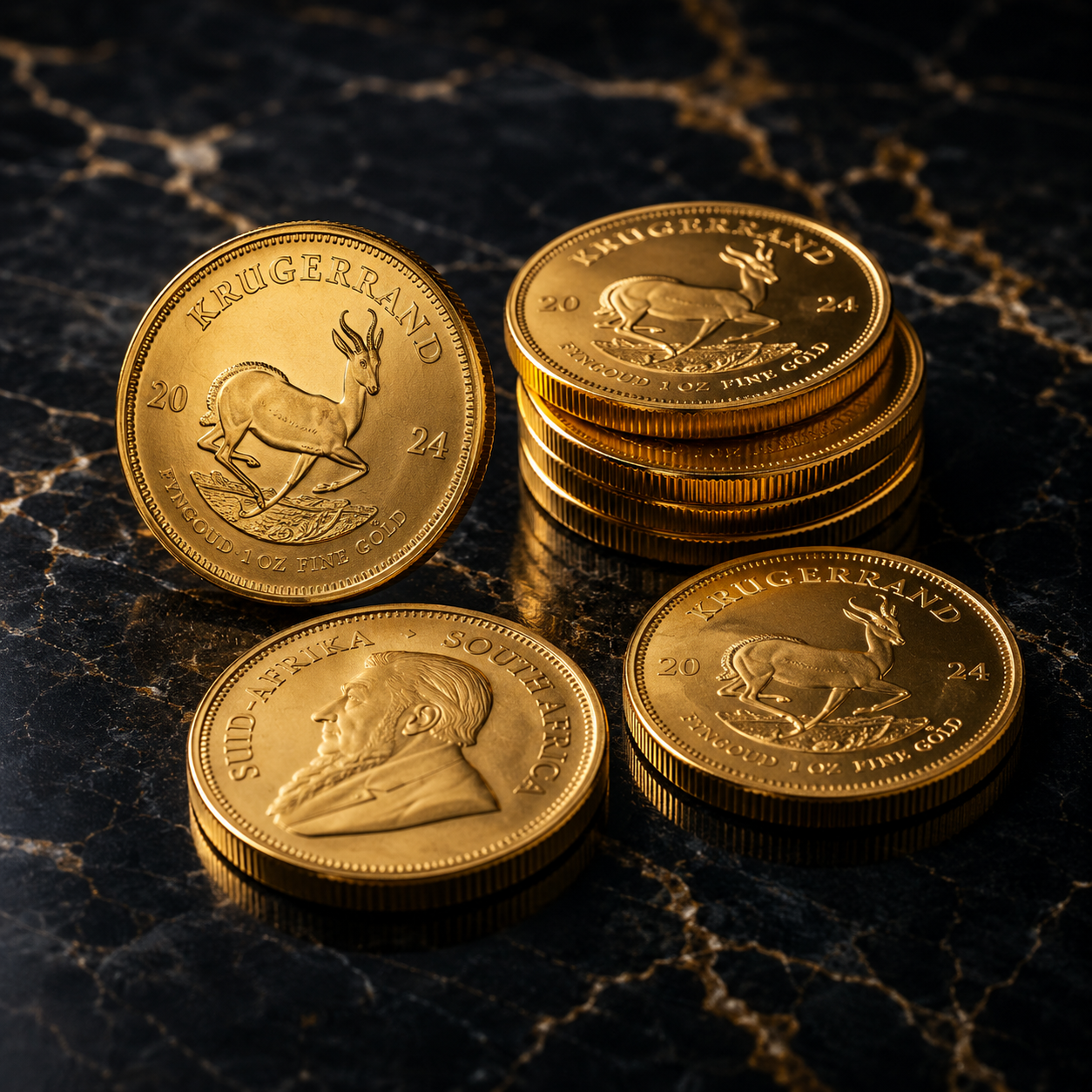 Glistening Krugerrands on marble backdrop