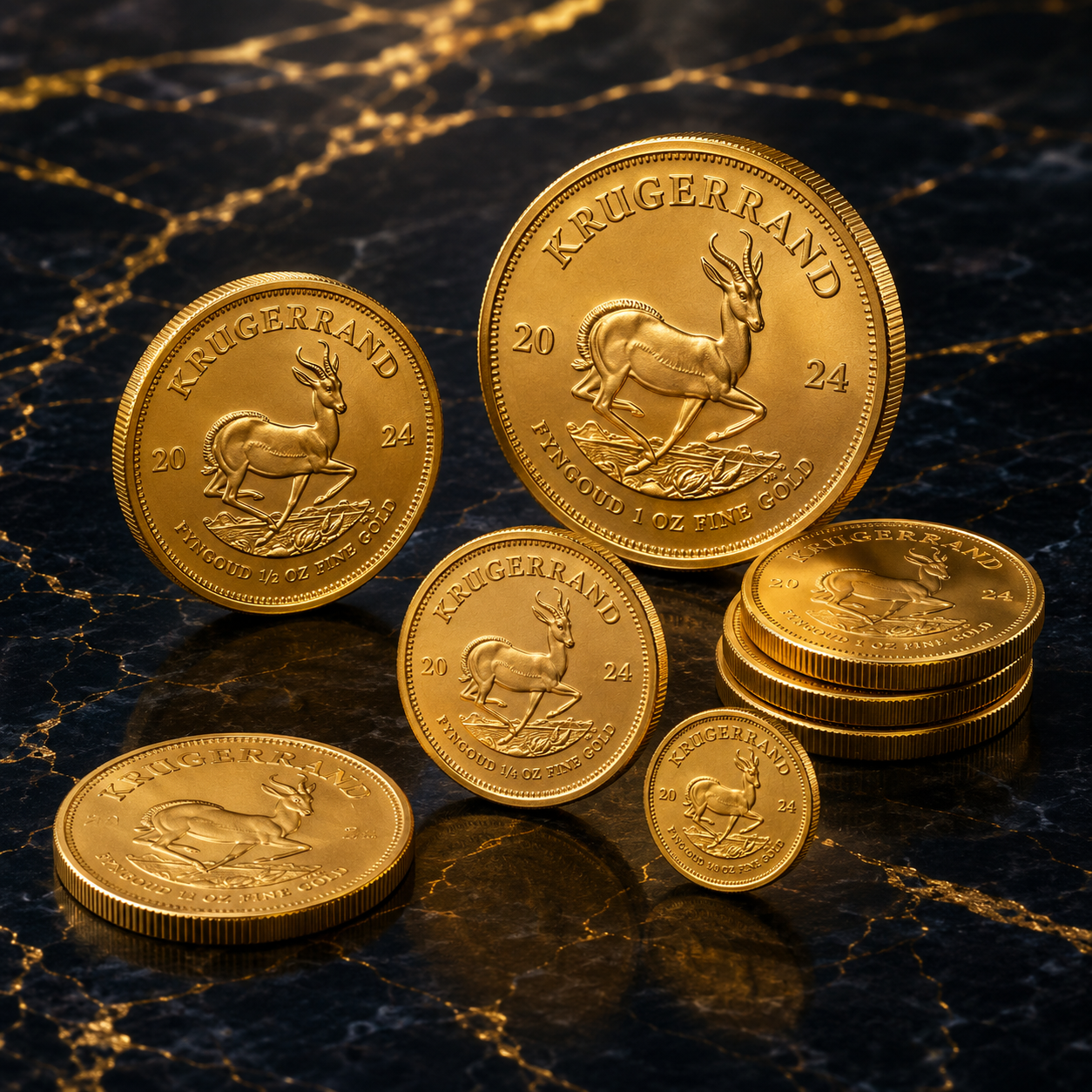Gold Krugerrands on dark marble