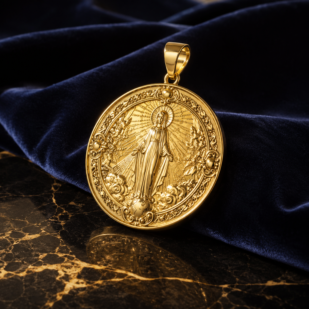 Gold medallion on navy velvet