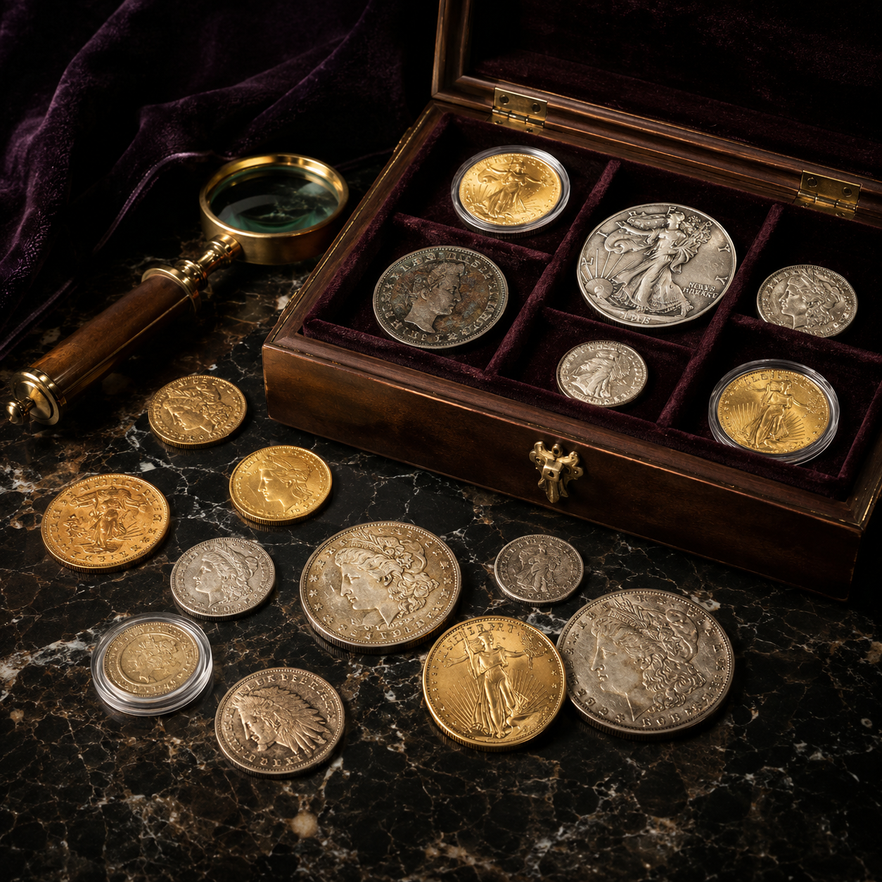 Inherited Antique coin collection on marble