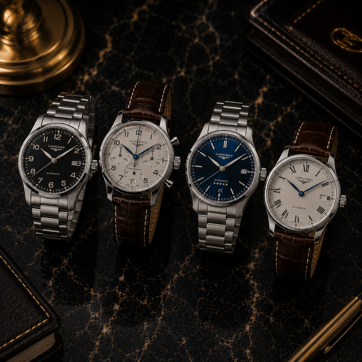 Luxurious Longines wristwatches on marble