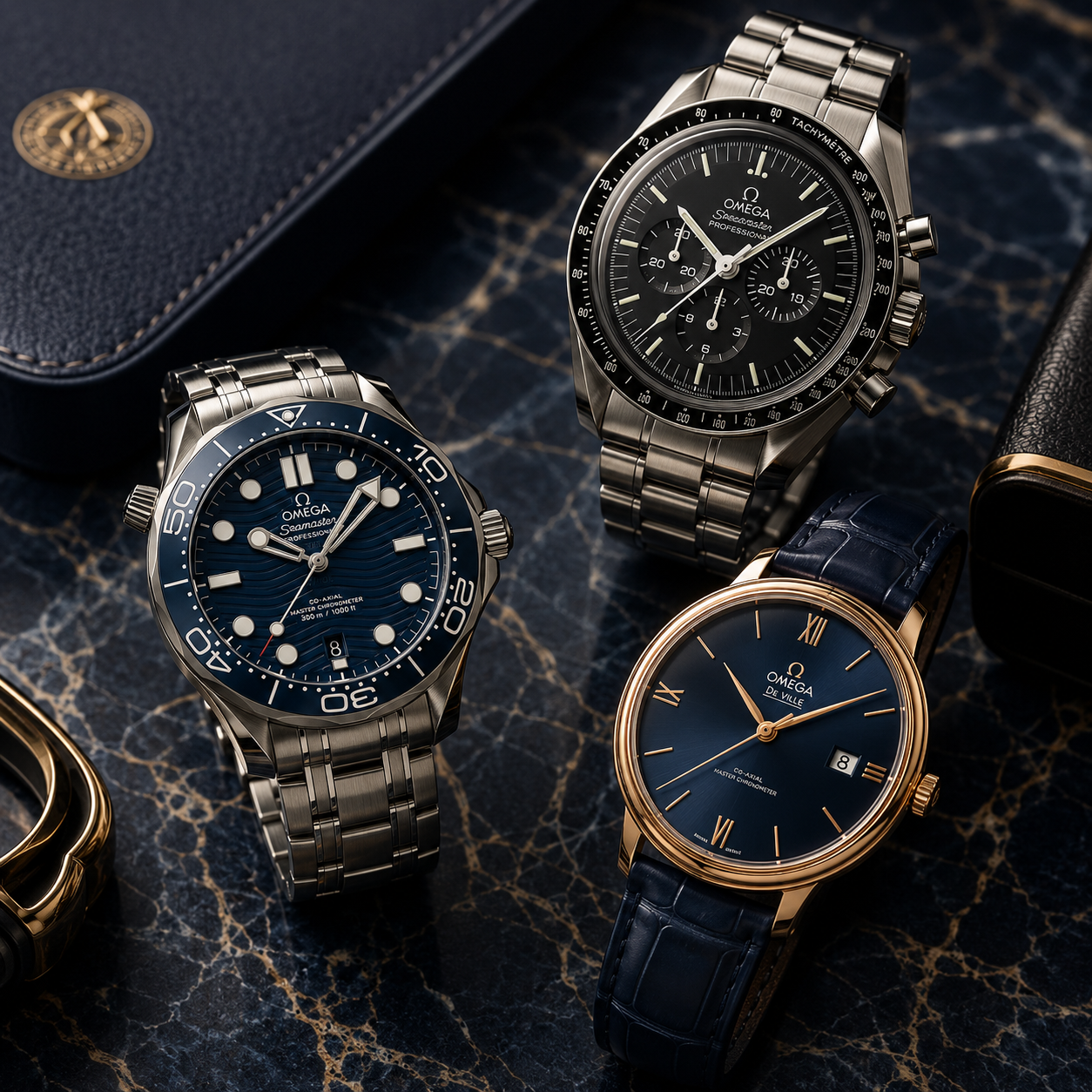 Luxurious Omega watch collection in shadows