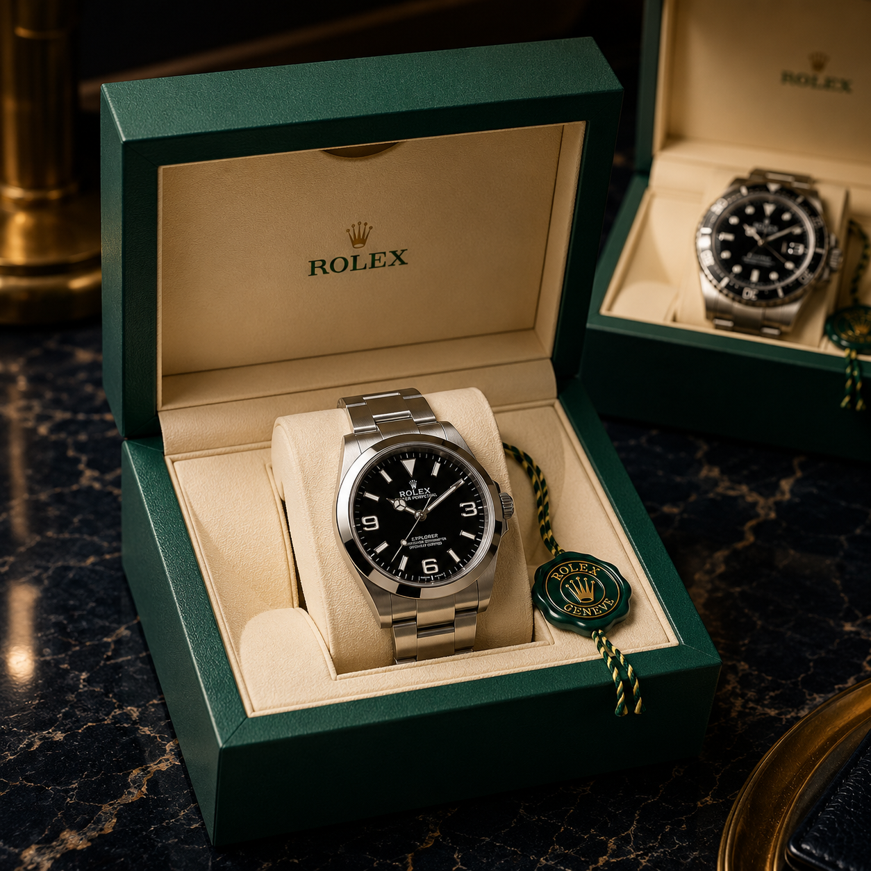Luxurious Rolex watch presentation setup