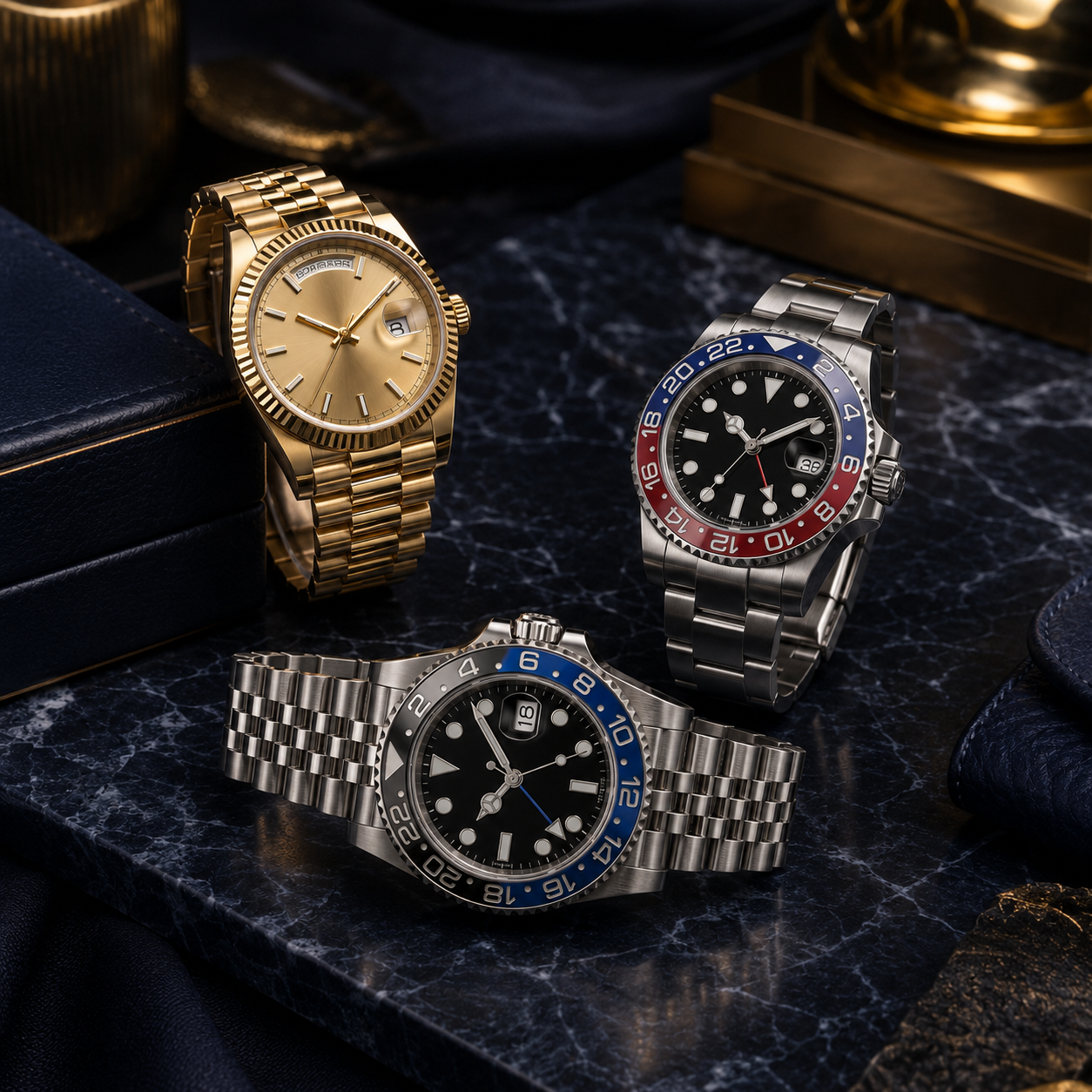 Luxurious Rolex wristwatches on marble surface