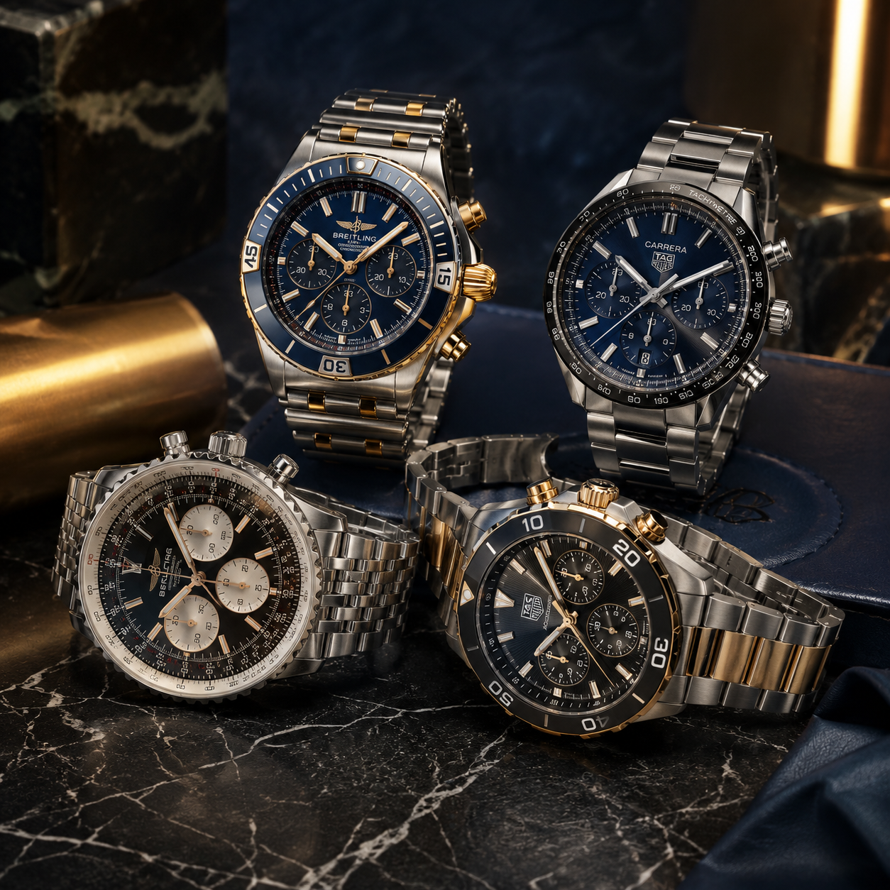Luxurious chronographs on marble display