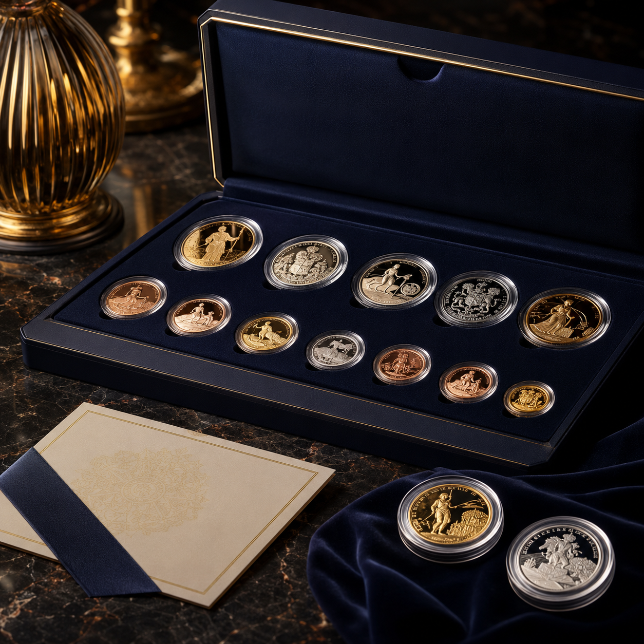Luxurious coin collection displayed elegantly