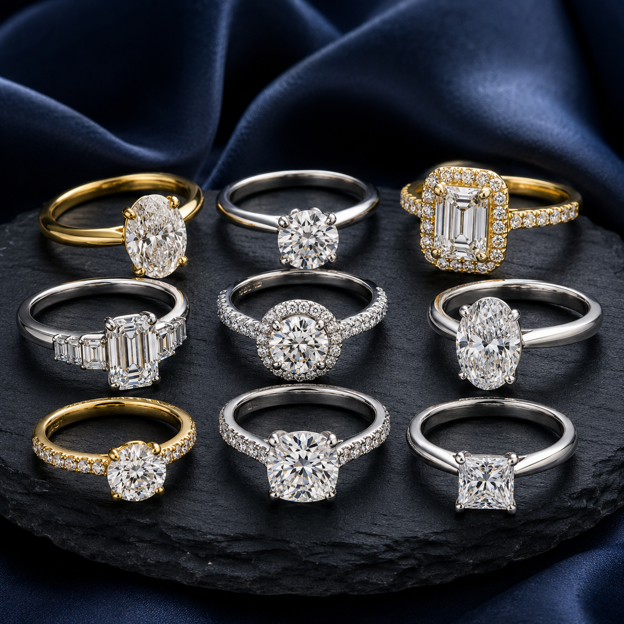 Luxurious diamond ring arrangement on slate