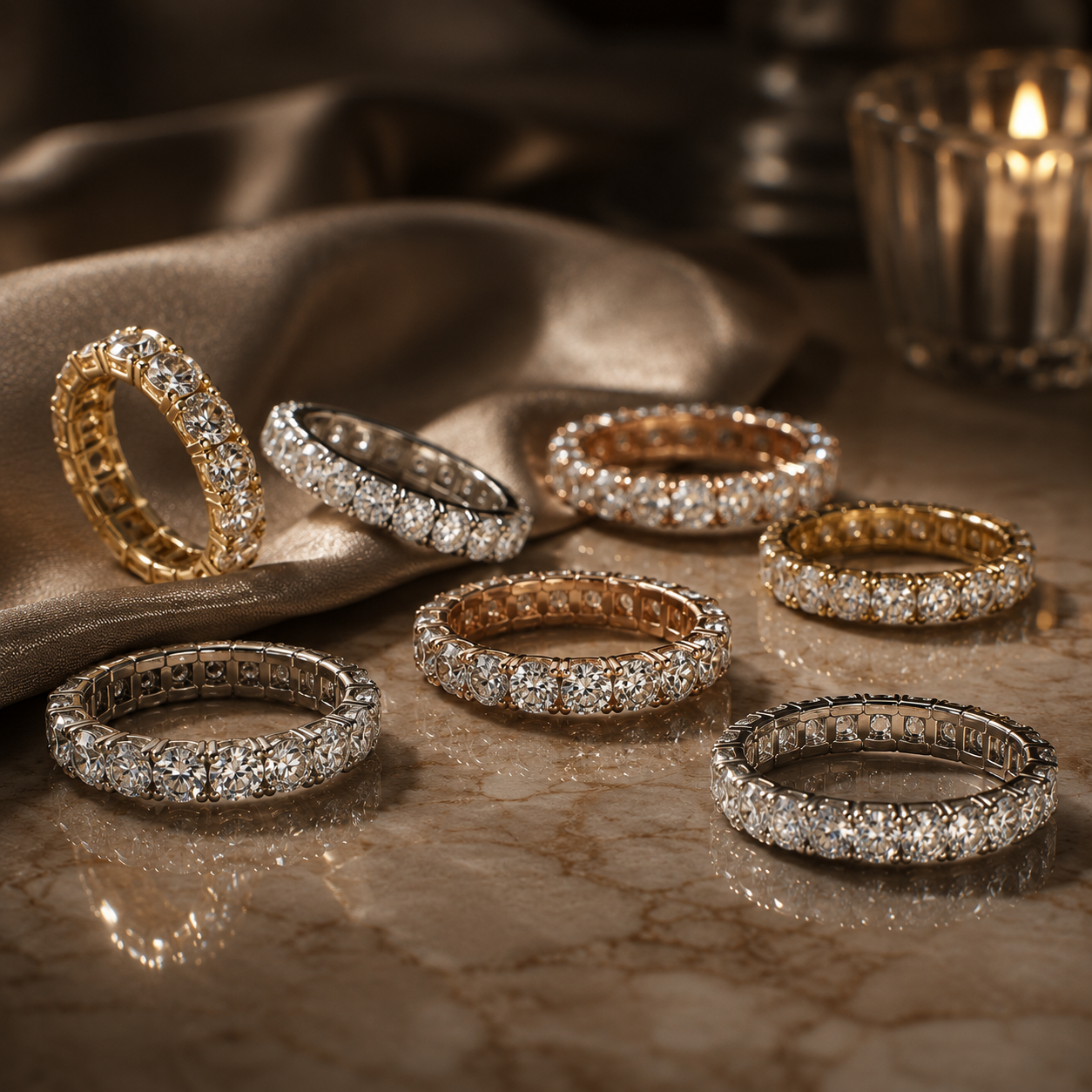 Luxurious diamond rings on marble