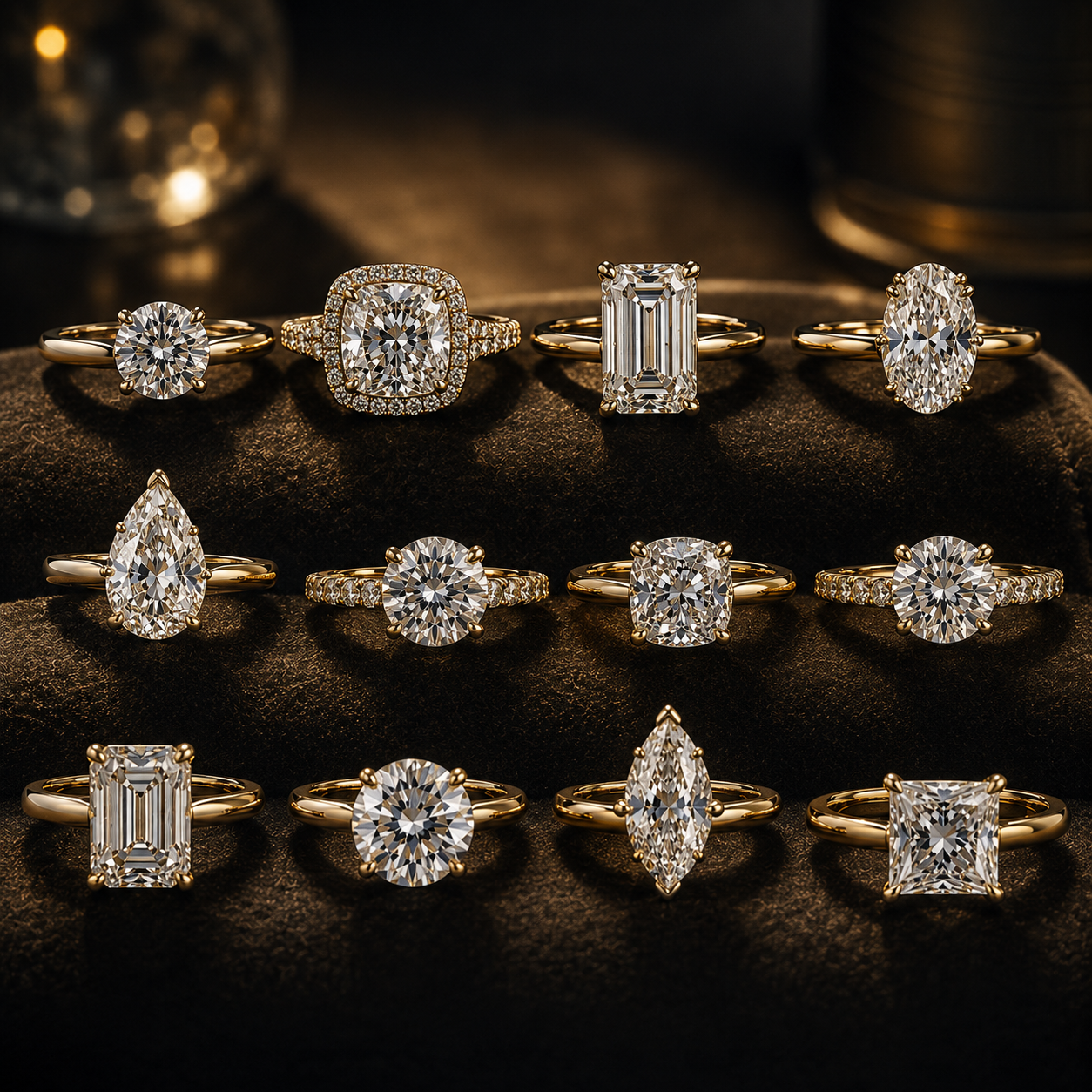 Luxurious gold and diamond rings display