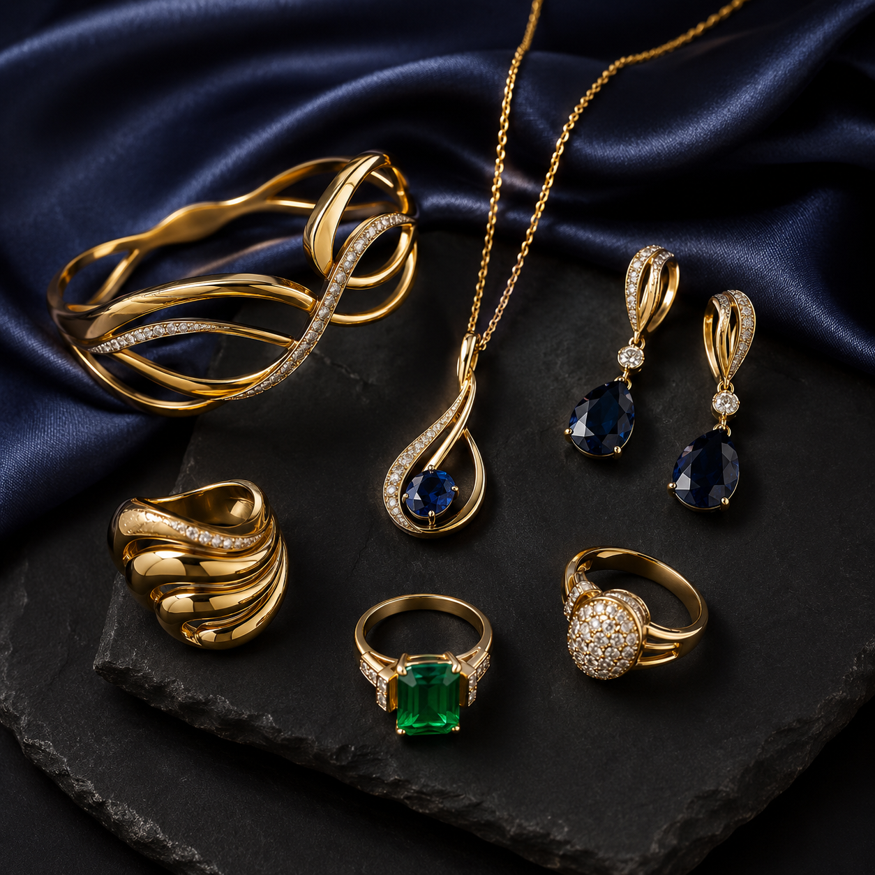Luxurious gold and gemstone jewelry display