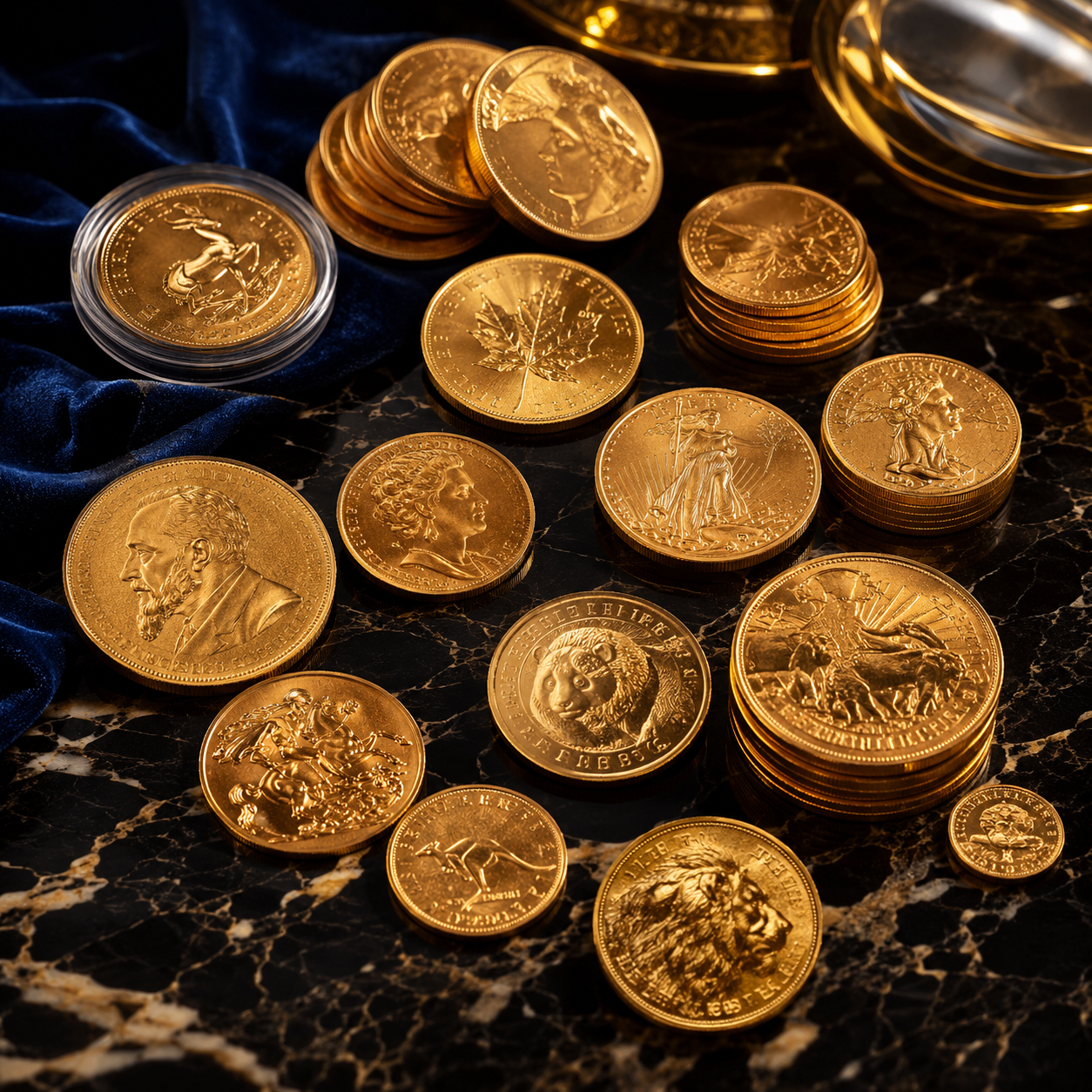 Luxurious gold coin collection on marble Grand Royal Gold