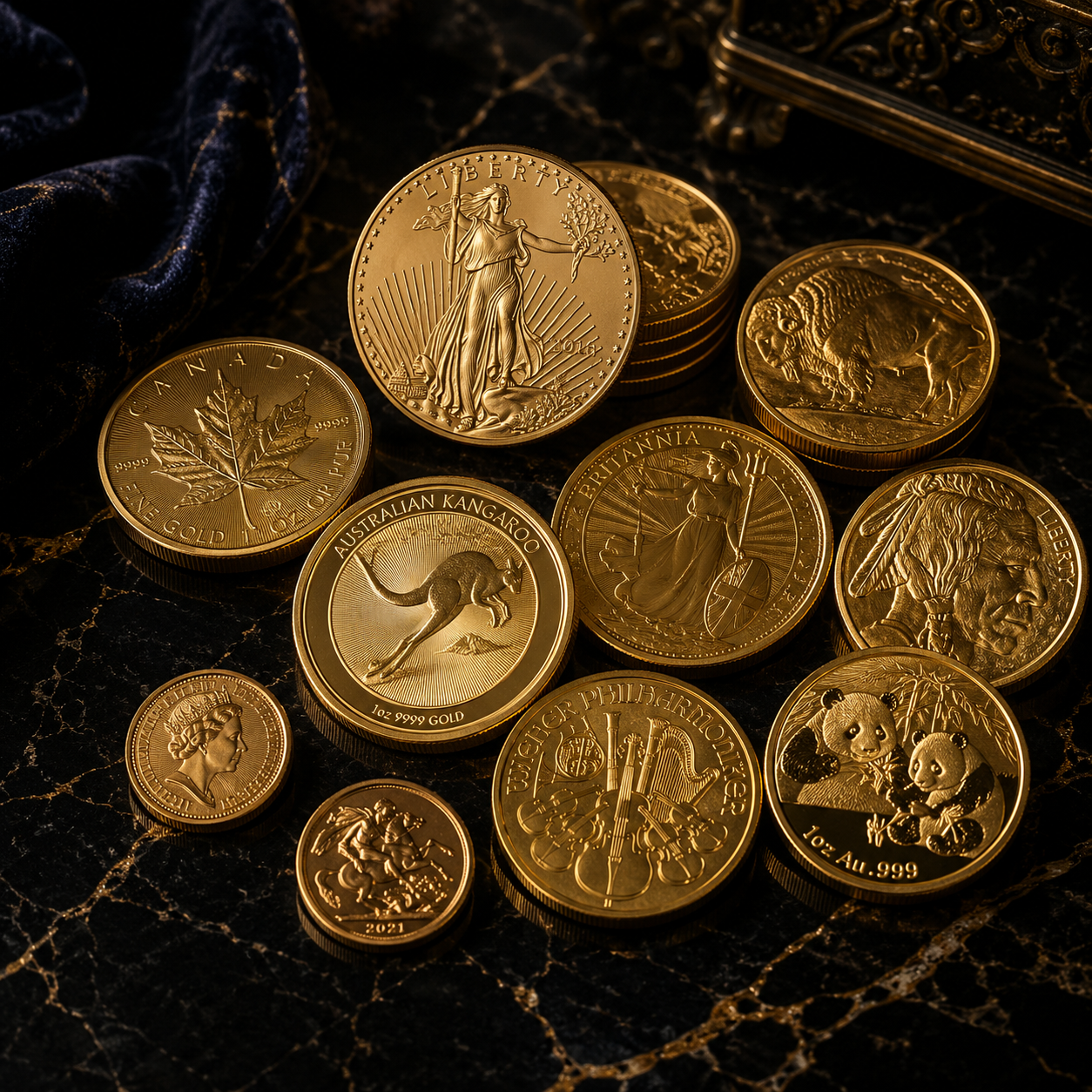 Luxurious gold coin collection on marble