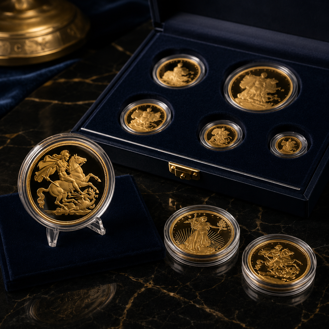 Luxurious gold coin display on marble