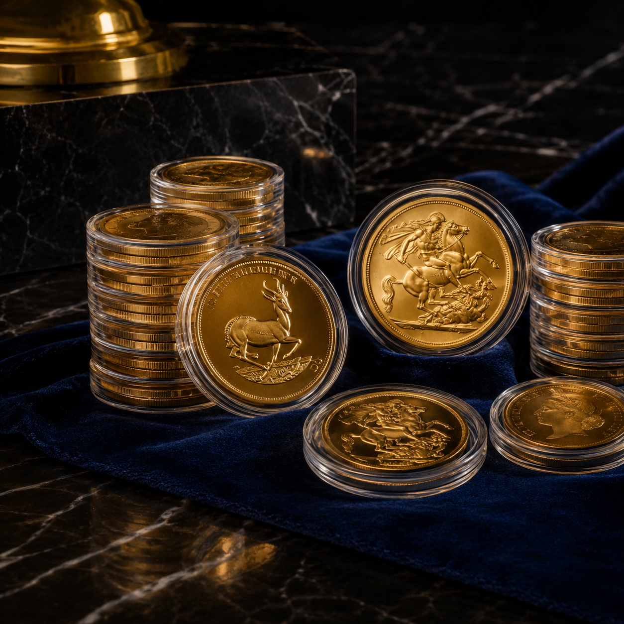 Luxurious gold coin display on velvet