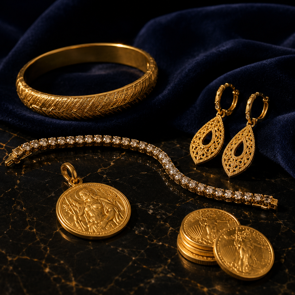 Luxurious gold jewelry in elegant setting