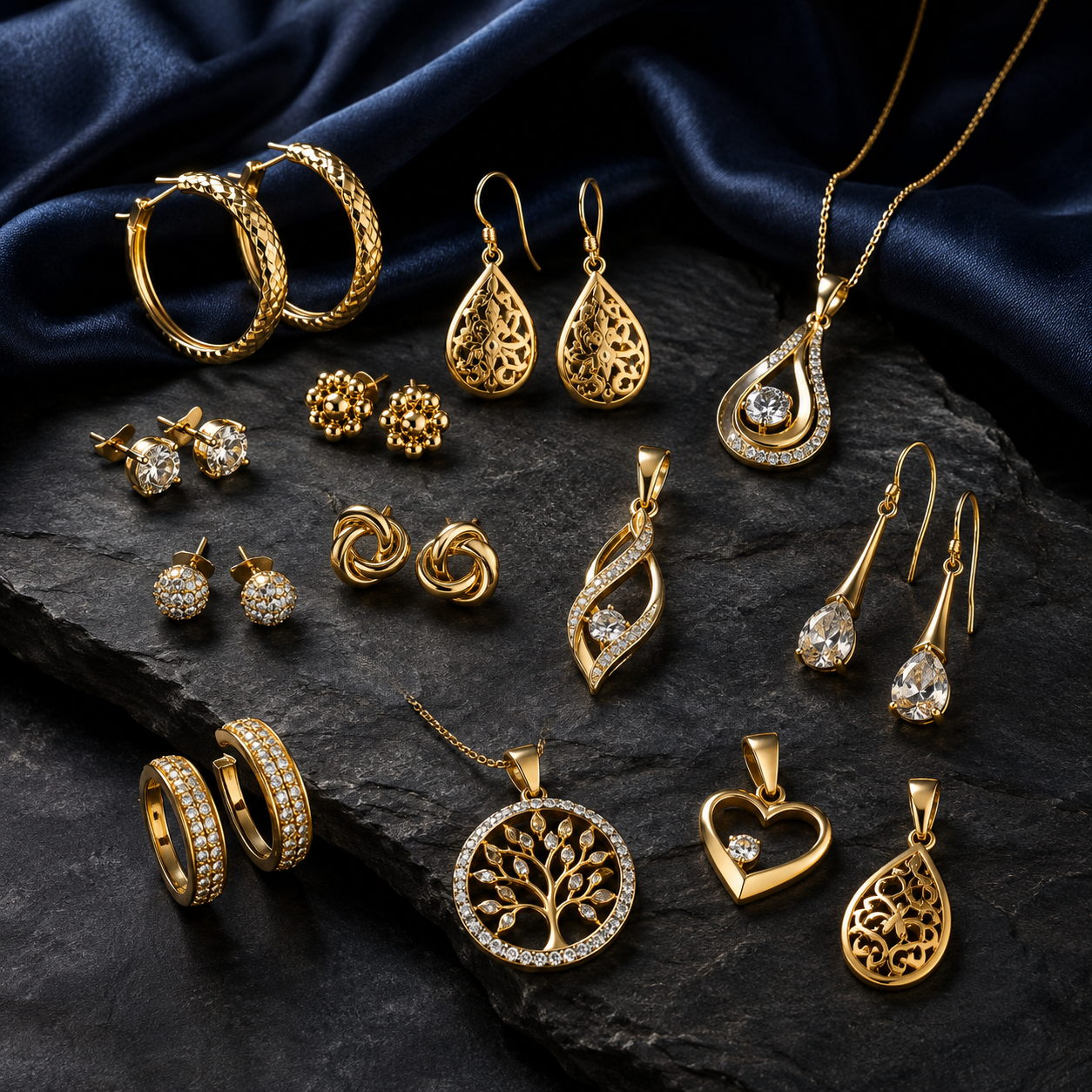 Luxurious gold jewelry on slate