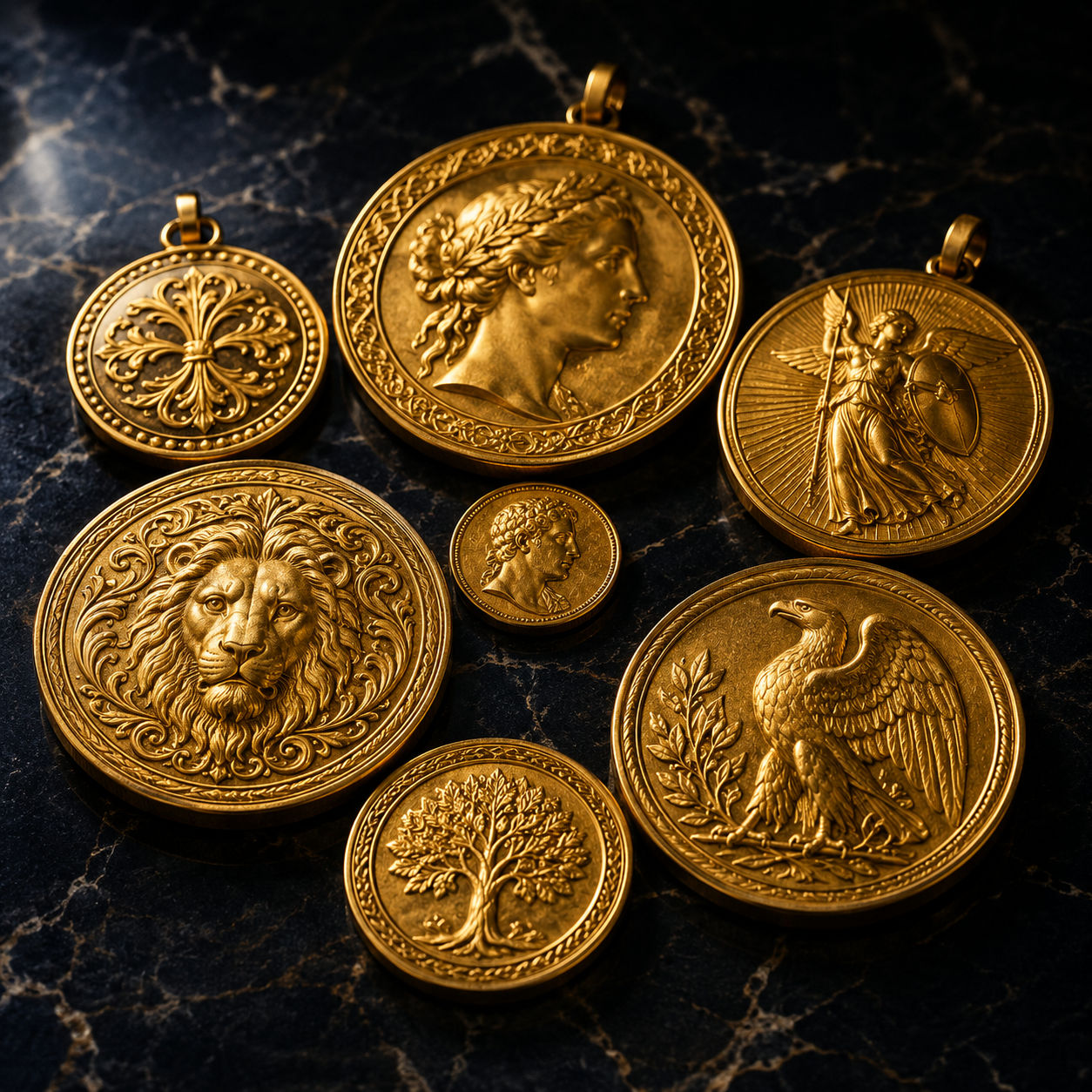 Luxurious gold medallions on marble