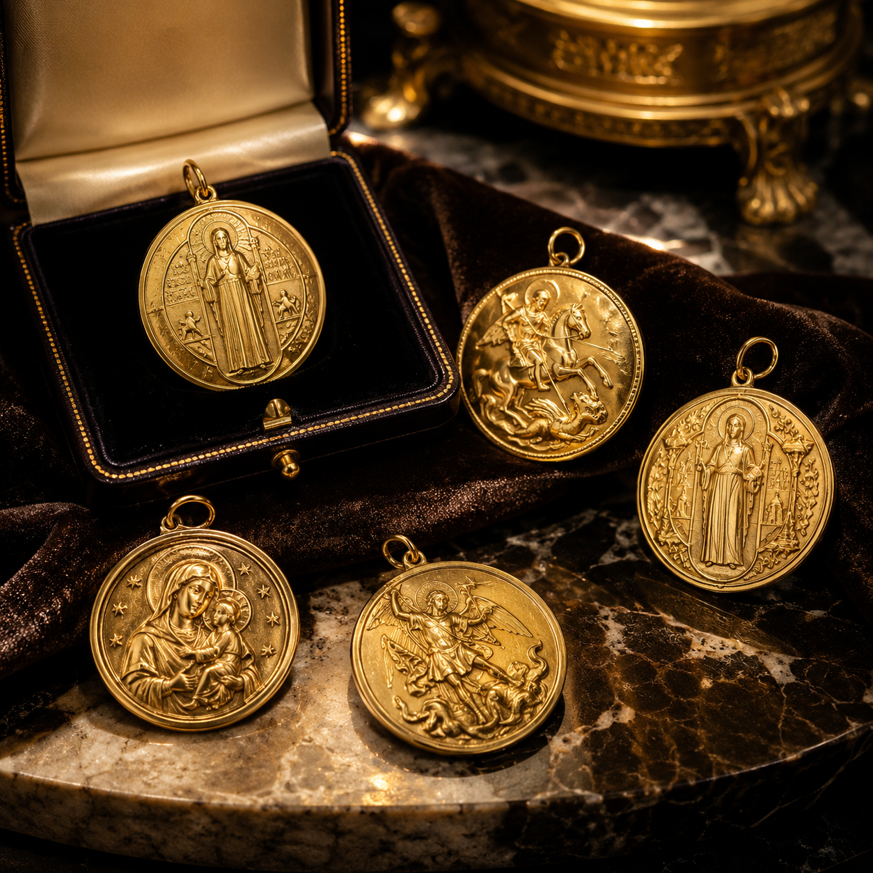Luxurious gold medallions on velvet and marble