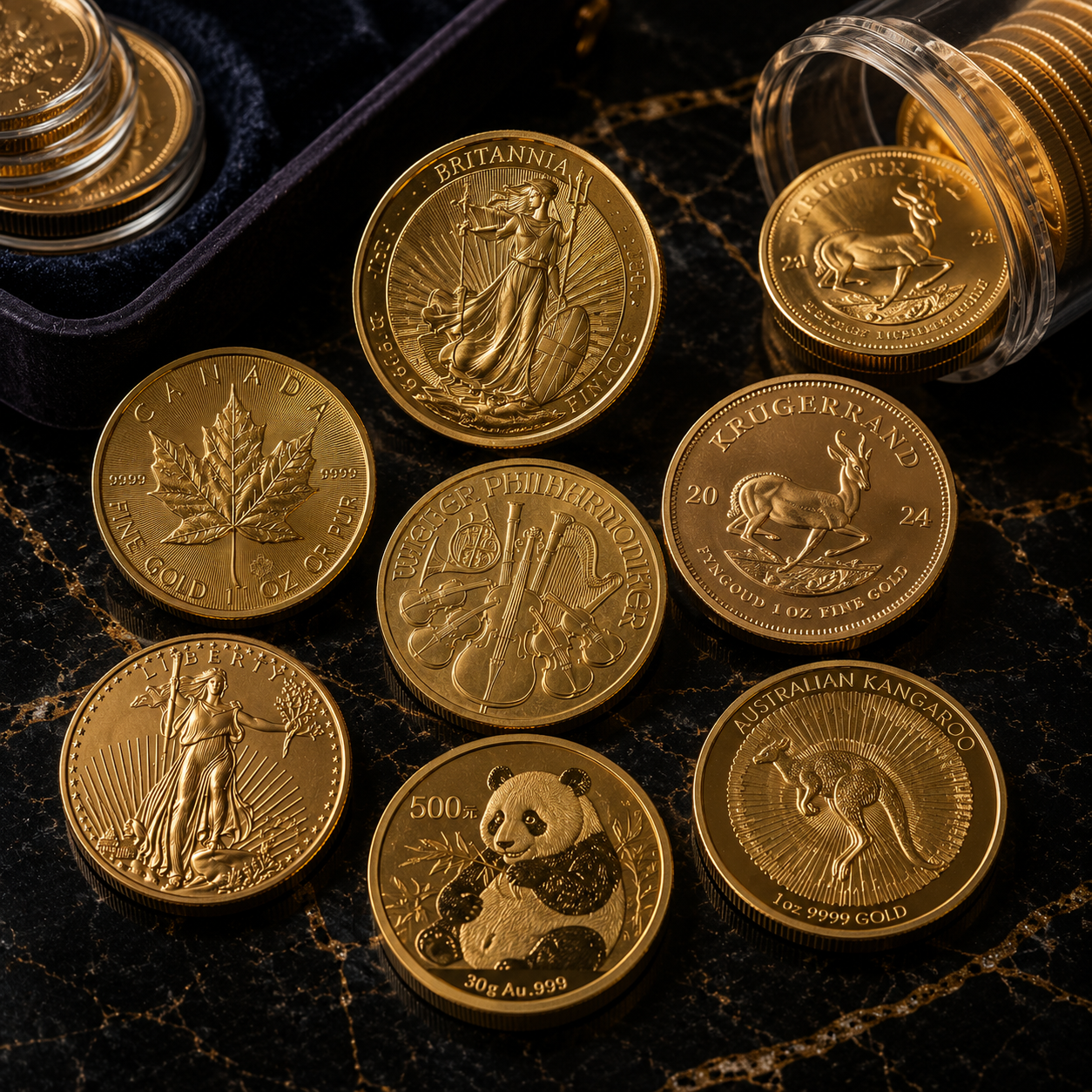 Luxurious golden coin collection on marble
