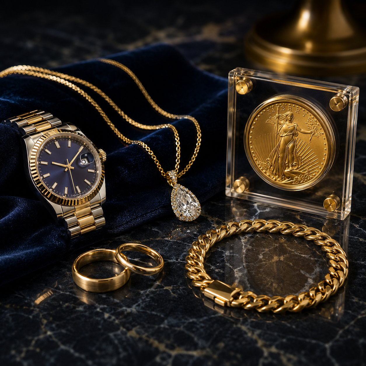 Luxurious jewelry and timepiece still life