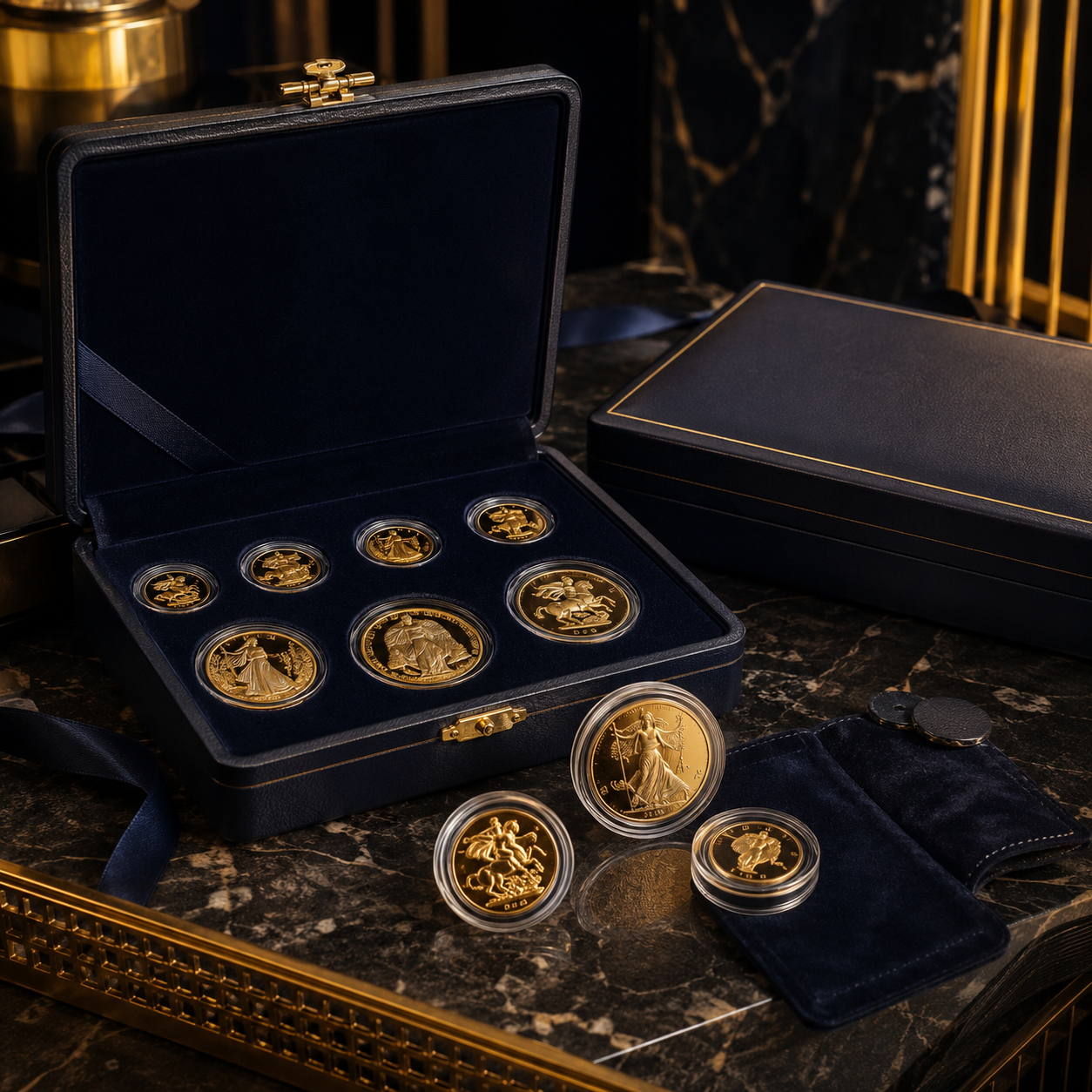 Luxurious proof coin collection on marble