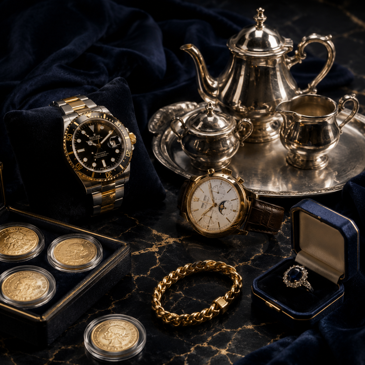 Luxurious treasures on marble backdrop