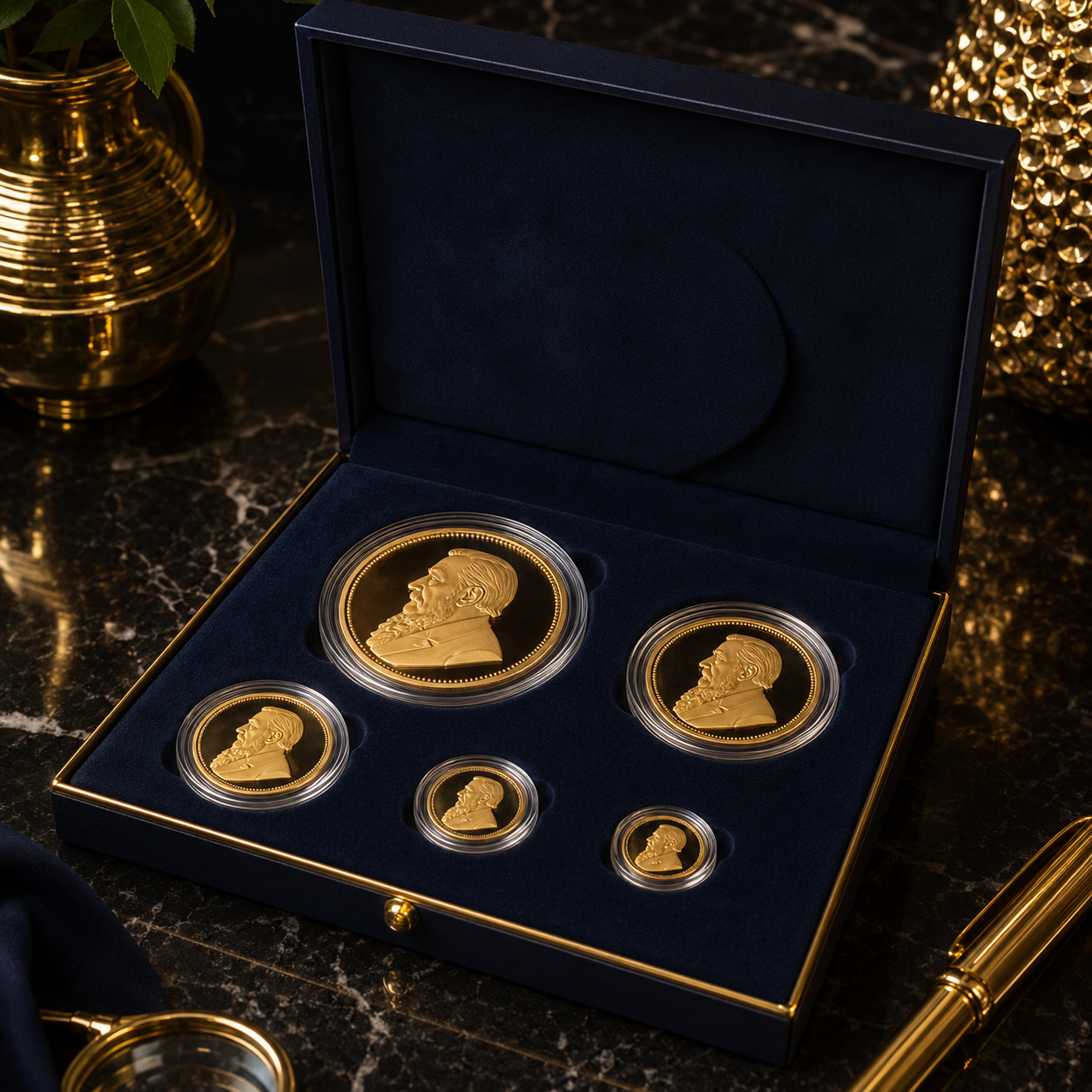 Luxurious velvet and gold coin arrangement