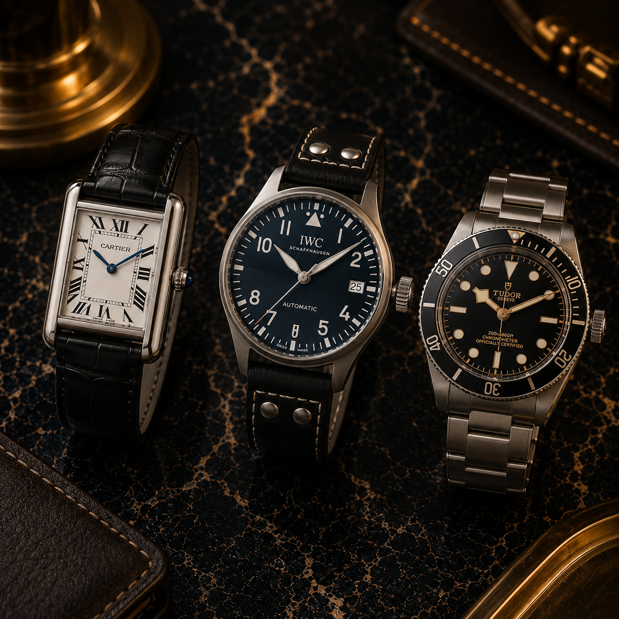 Luxurious watch trio on marble surface
