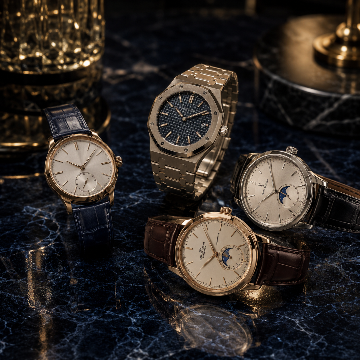 Luxurious wristwatches on marble surface