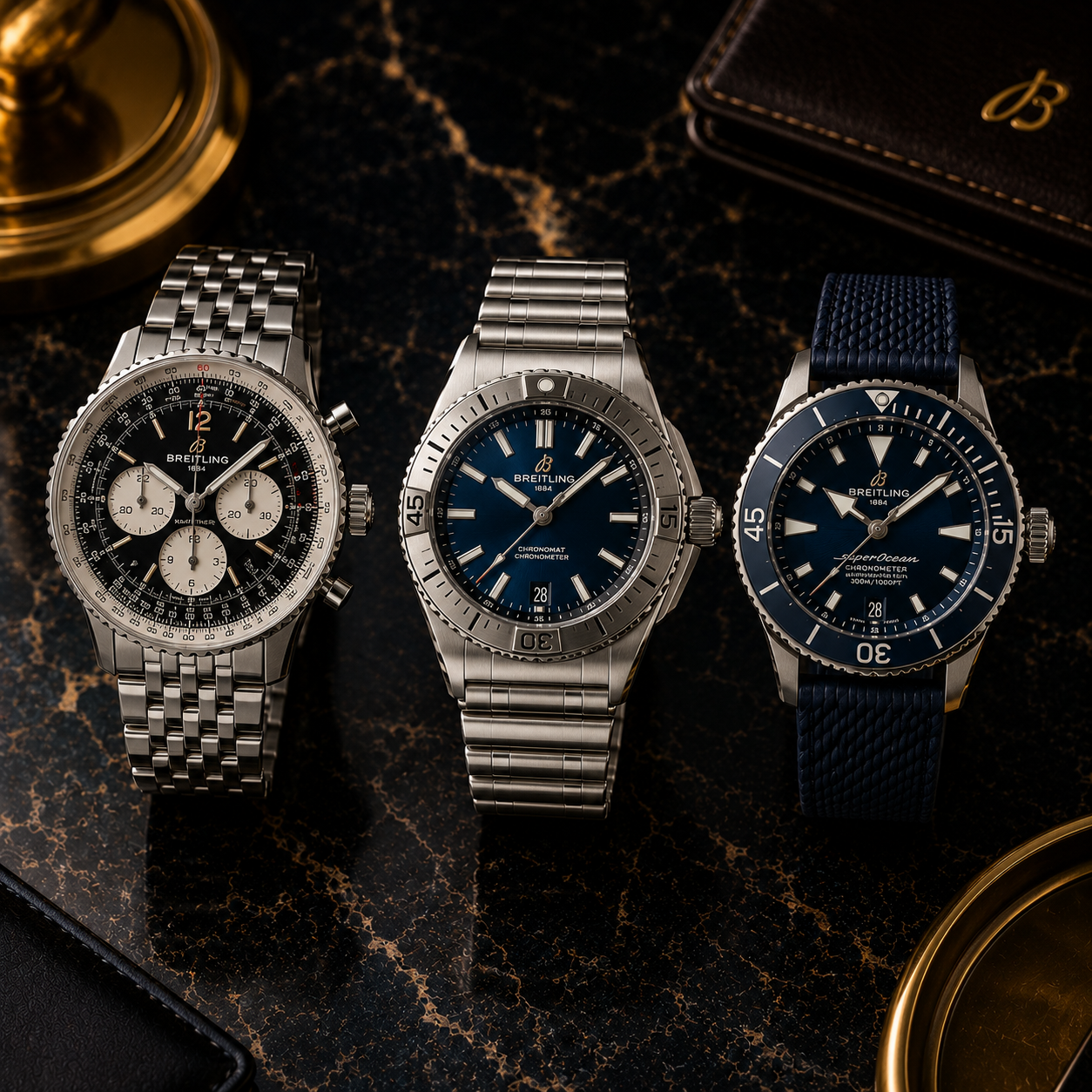 Luxury Breitling watches on marble display