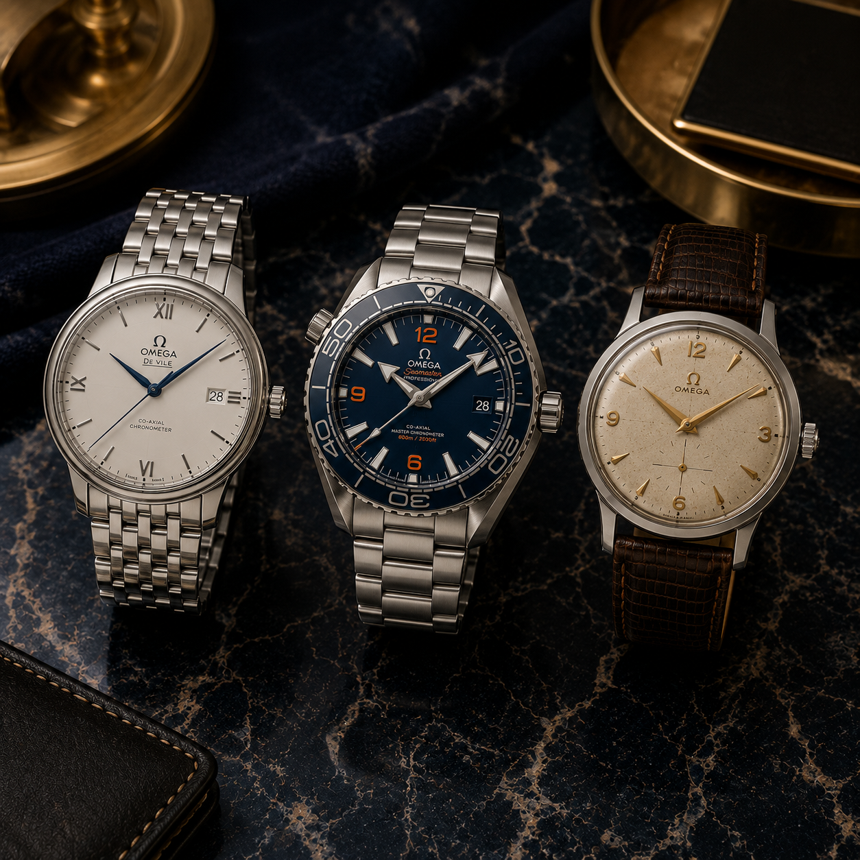 Luxury Omega watch collection still life