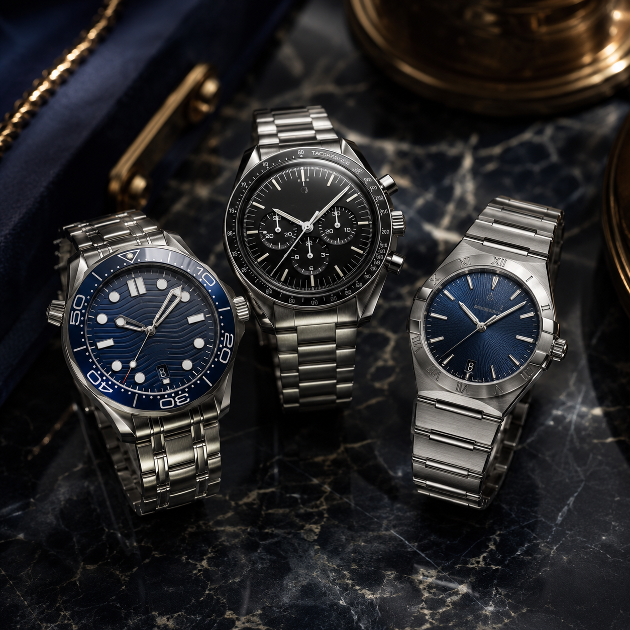 Luxury Omega watches on dark marble surface