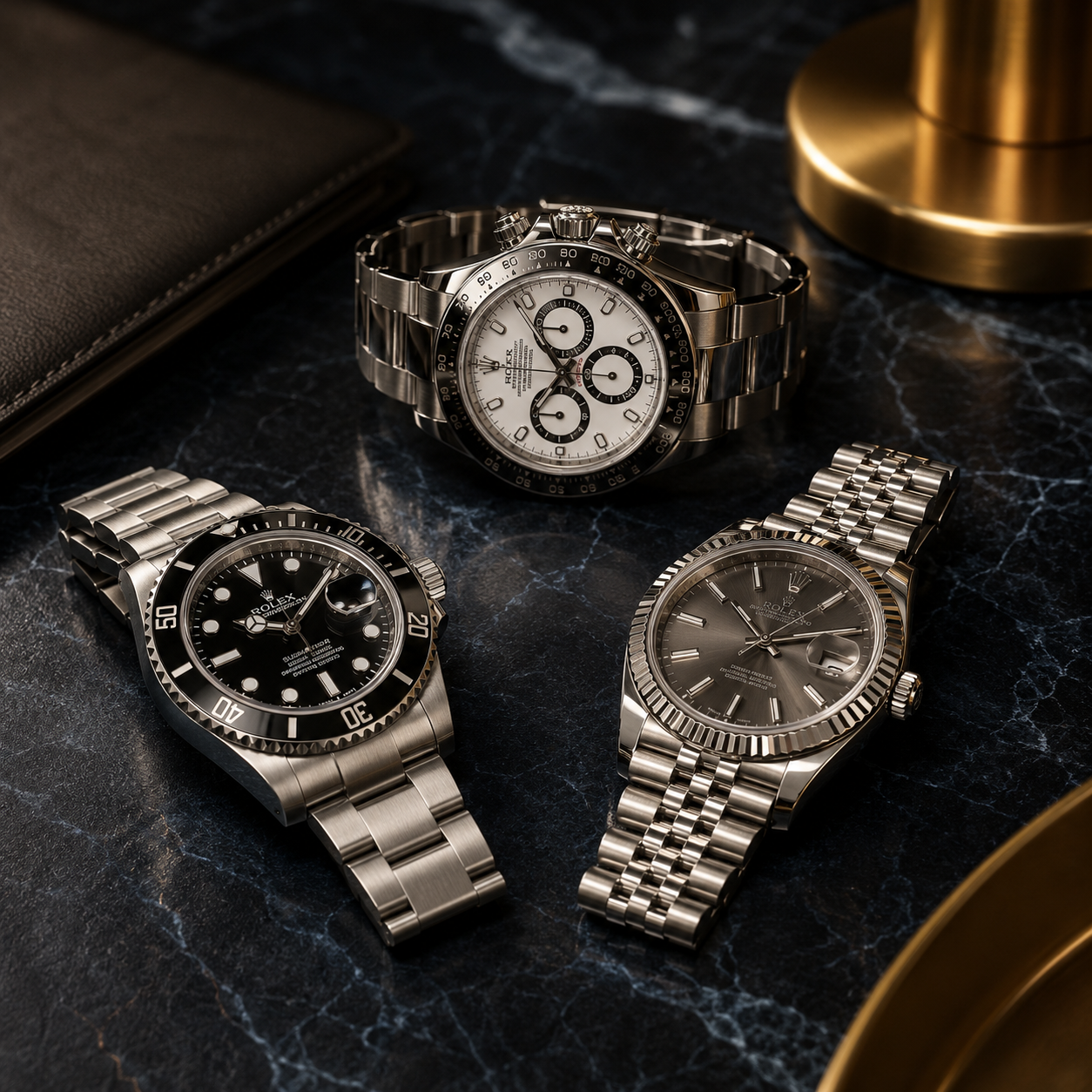 Luxury Rolex timepieces on marble backdrop