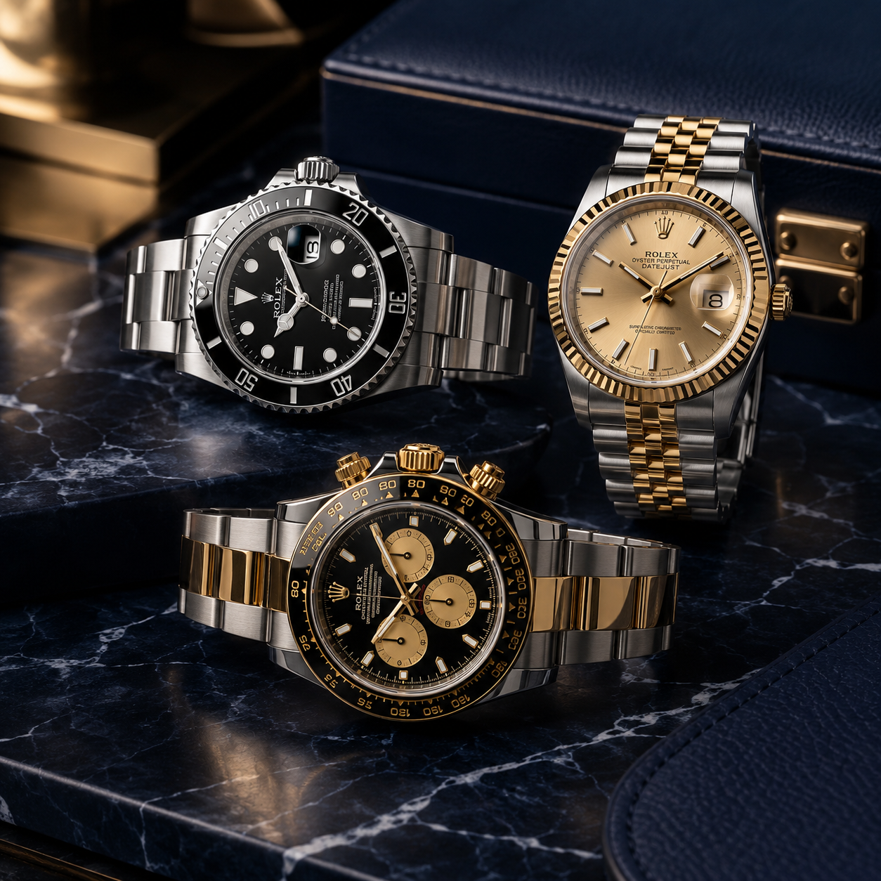 Luxury Rolex watches on marble backdrop