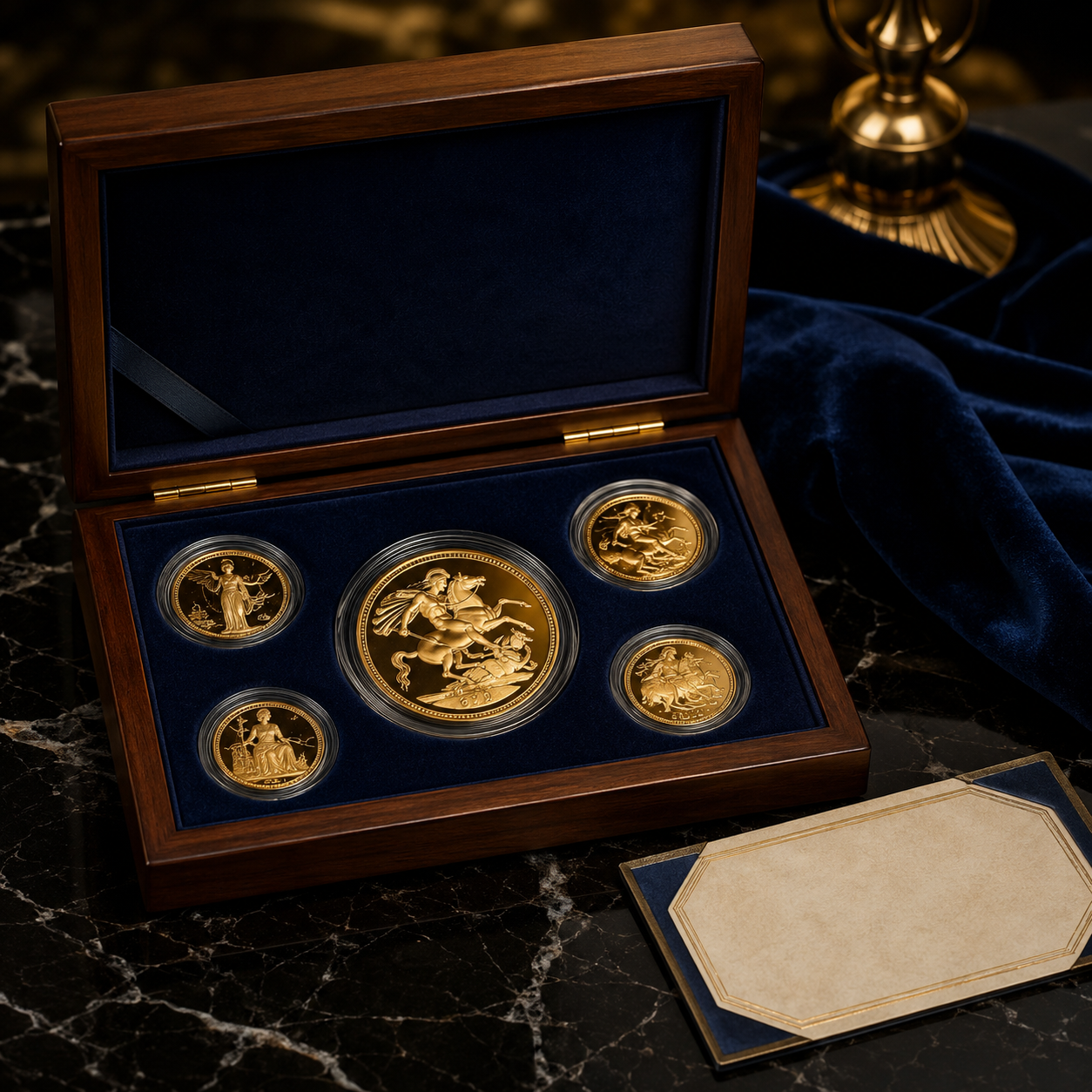 Luxury coin collection on velvet backdrop