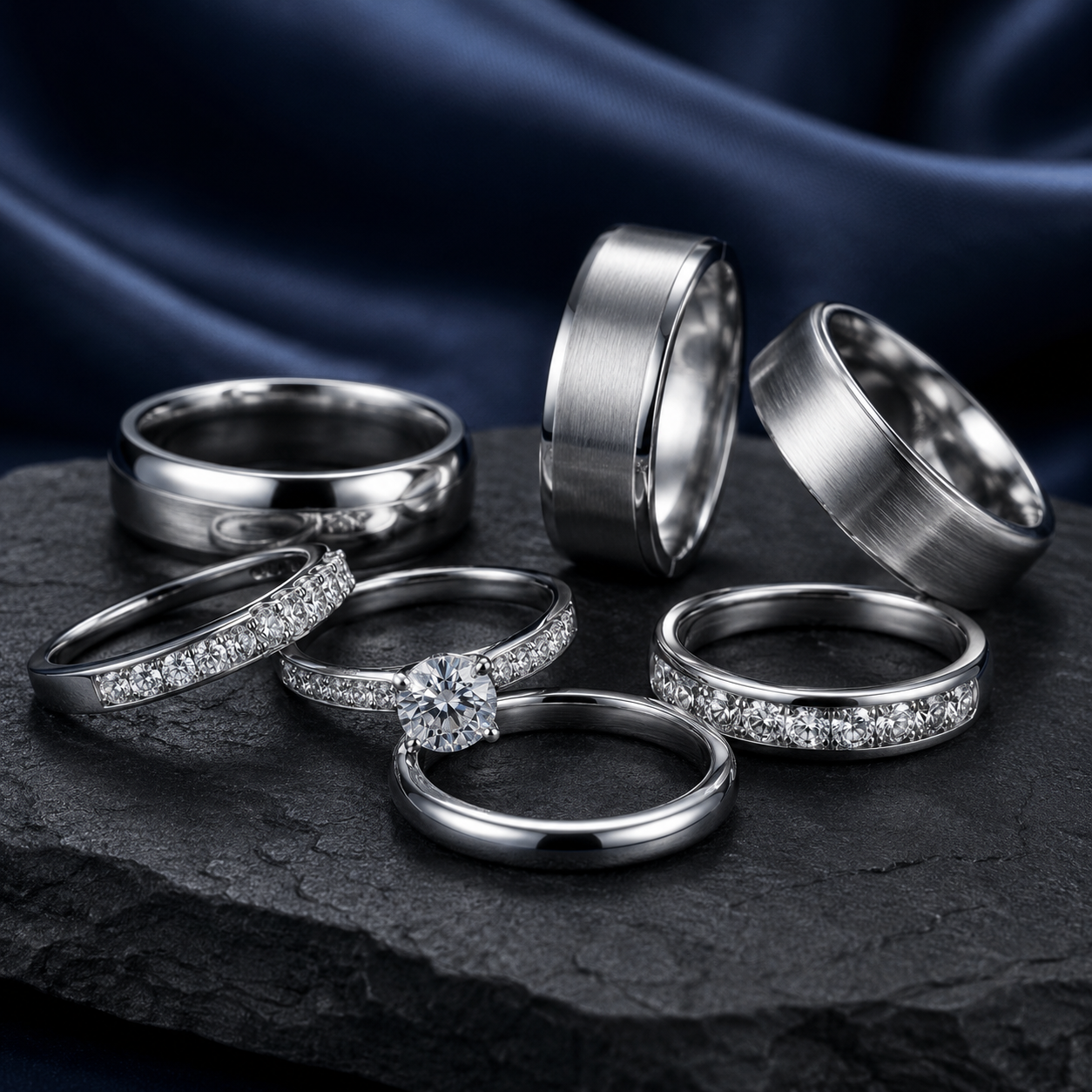 Luxury diamond rings on slate backdrop