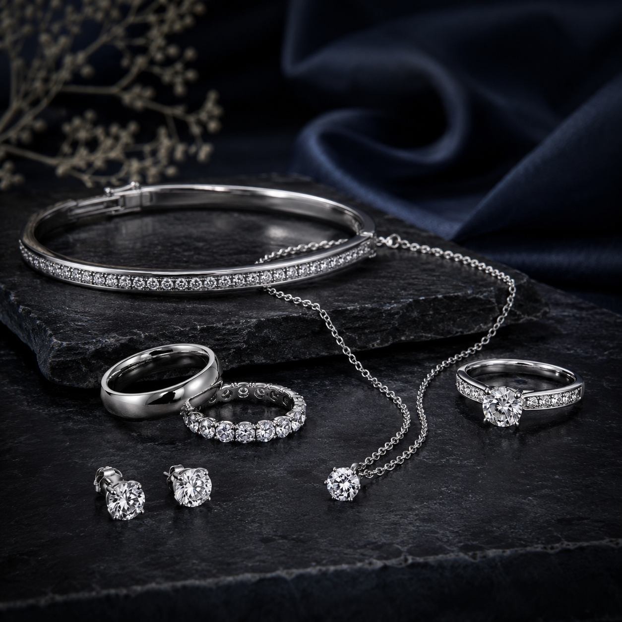 Luxury jewelry on dark stone backdrop