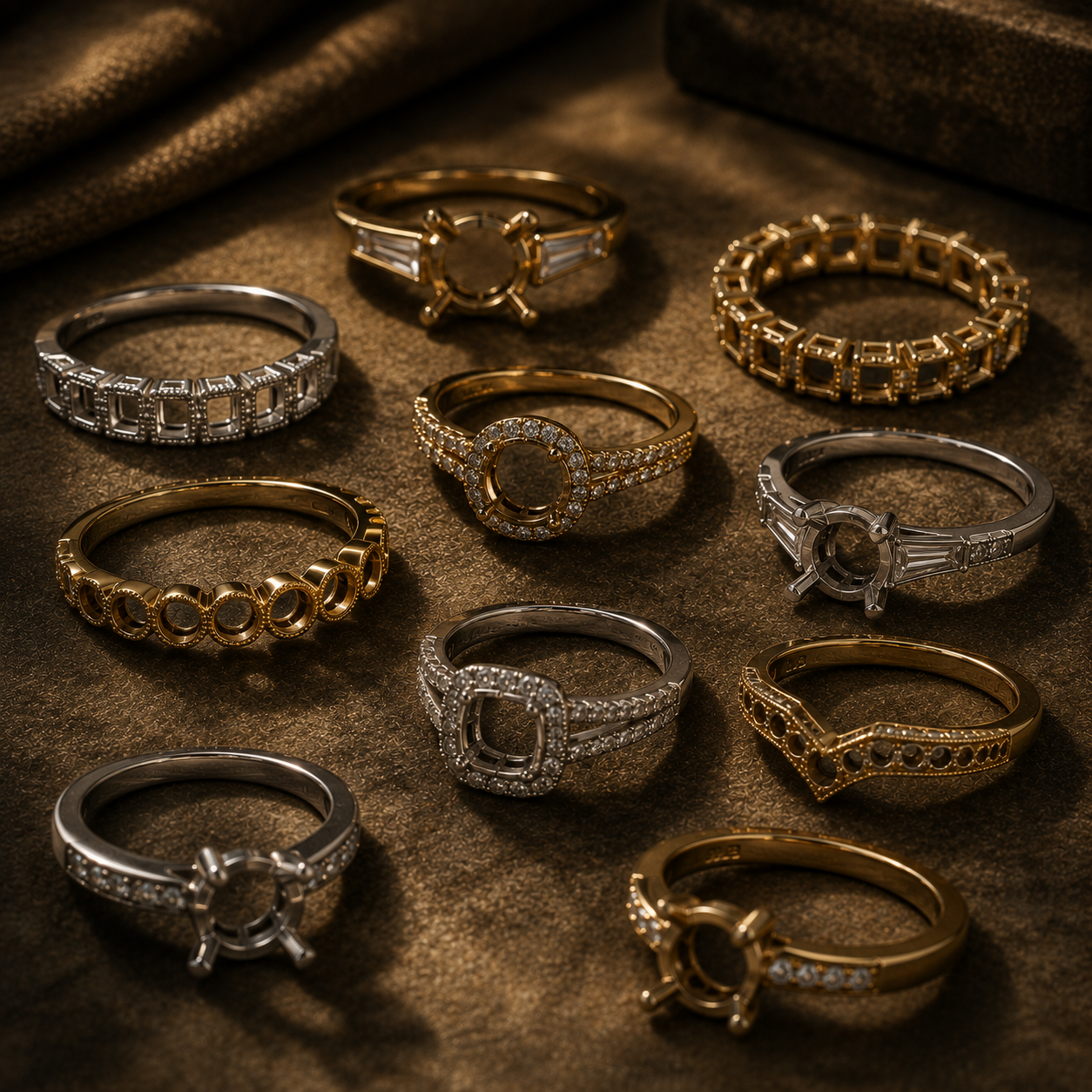 Luxury ring collection on textured surface
