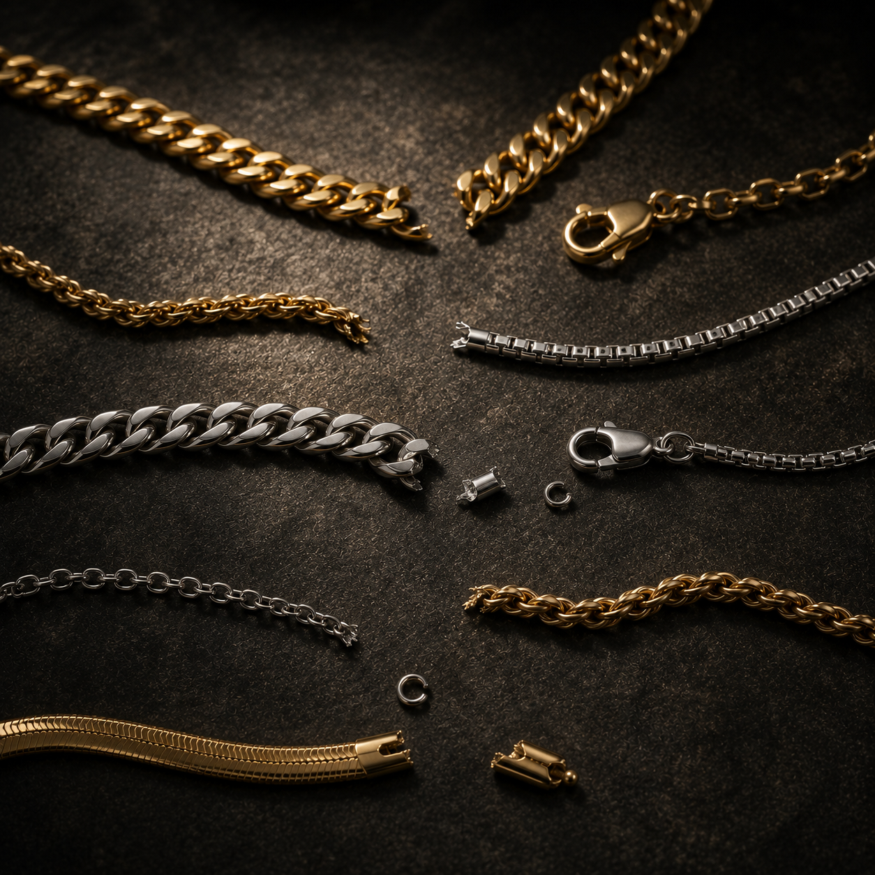 Very broken chains on a dark surface
