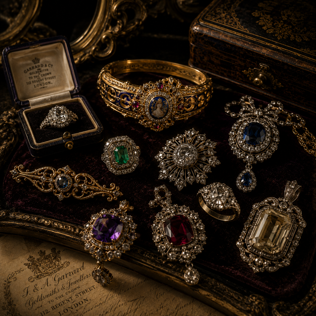 Vintage treasures on velvet backdrop